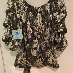 CeCe Black and Gold Floral Blouse semi sheer top! M NWT